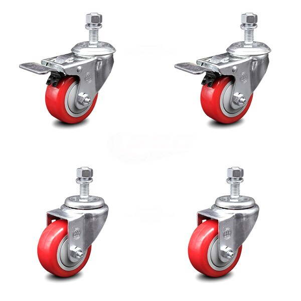 Service Caster 3 Inch Red Polyurethane Swivel 12mm Stem Caster Total Lock Brake SCC, 2PK SCC-TSTTL20S314-PPUB-RED-M1215-2-S-2 - main